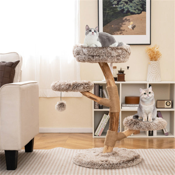 Natural Pear Wood Cat Tree with Scratching Posts & Plush Balls - Multi-Level Cat Furniture