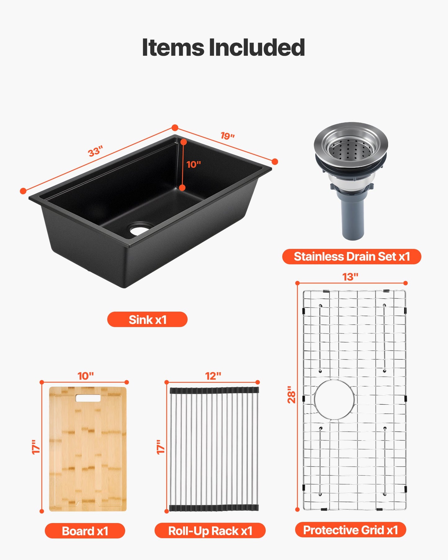 33 Inch Undermount Granite Kitchen Sink - Single Bowl Black