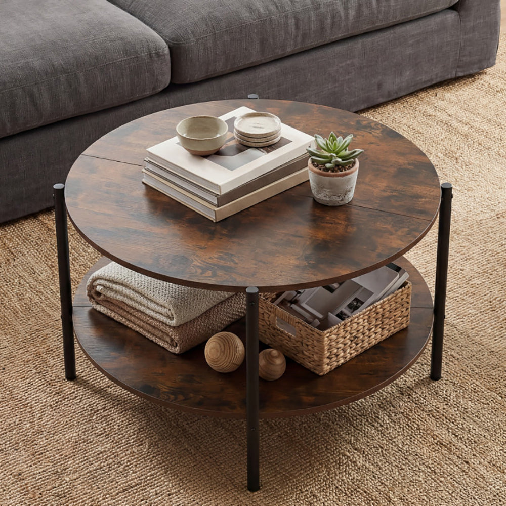 Round Coffee Table 2-Tier Industrial Accent With Open Storage Shelf