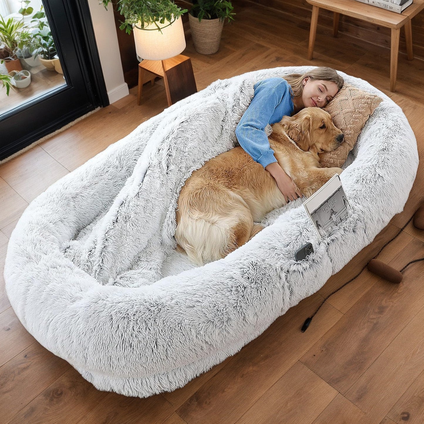 Large Human Dog Bed - Washable Faux Fur Napping Orthopedic Bed for People and Pets, 71x45x14 Grey