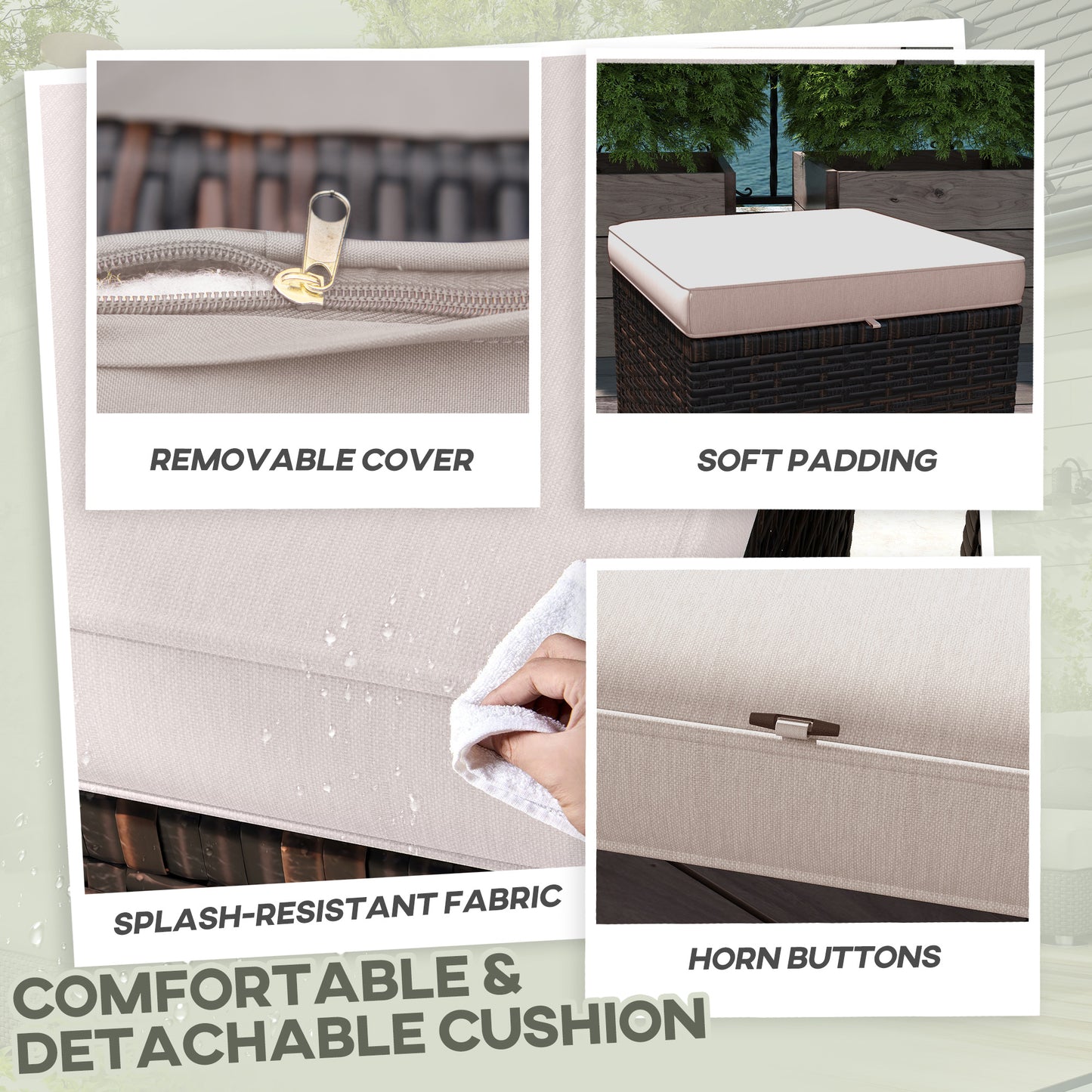 2-Piece Outdoor Wicker Ottoman Set with Cushions - Cream