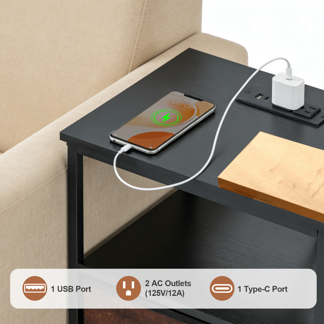 Bedside Table with USB-C Port and Adjustable Drawers - Black Brown