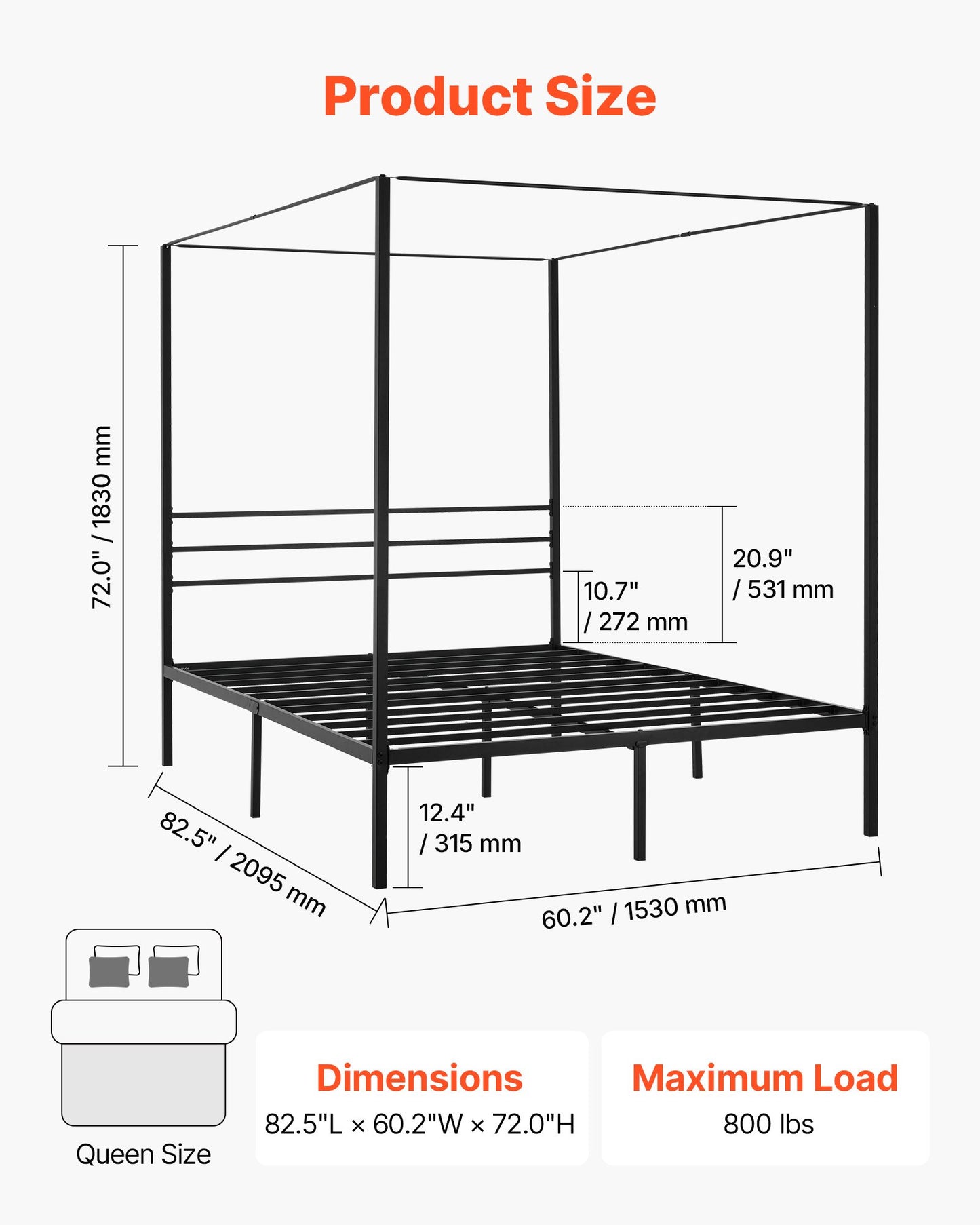 Queen Size Metal Canopy Bed Frame with Four Posters, Heavy Duty Steel Slats, Underbed Storage, Easy Assembly, Black