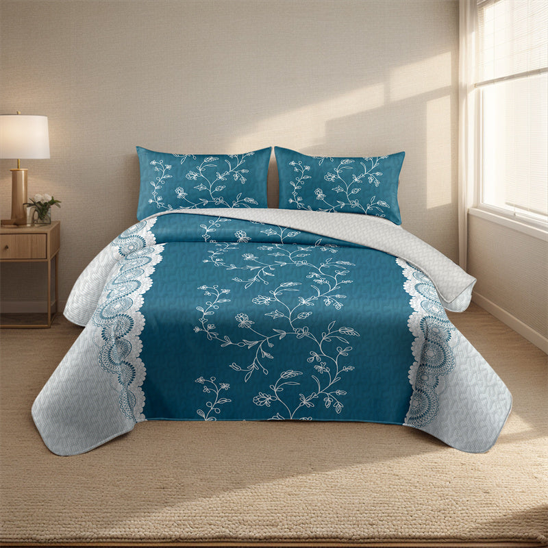 Teal Floral Quilt Set - 3-Piece Bedding with Pillow Shams