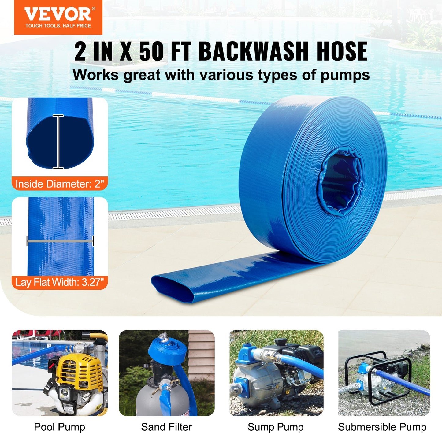 Heavy-Duty 50Ft Pool Backwash Hose with Aluminum Camlock Fittings - Blue