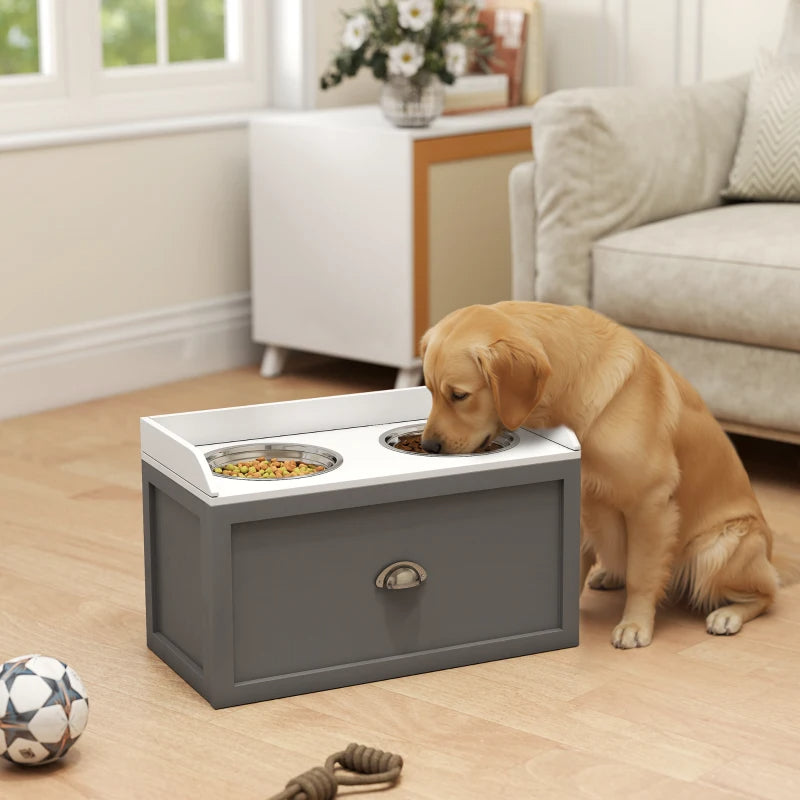Elevated Pet Feeding Station with Storage - Large Dog Bowls, Gray