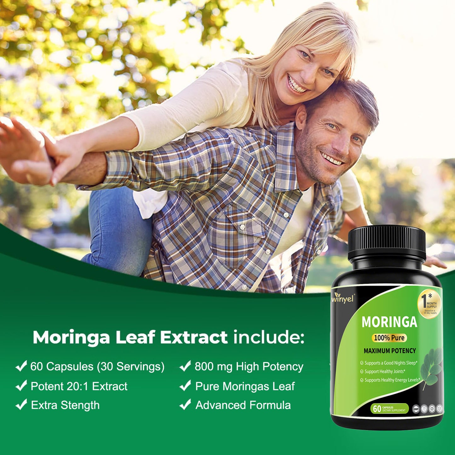 Pure Moringa Leaf Capsules - High Potency Nutrient-Dense Supplement - 60 Count