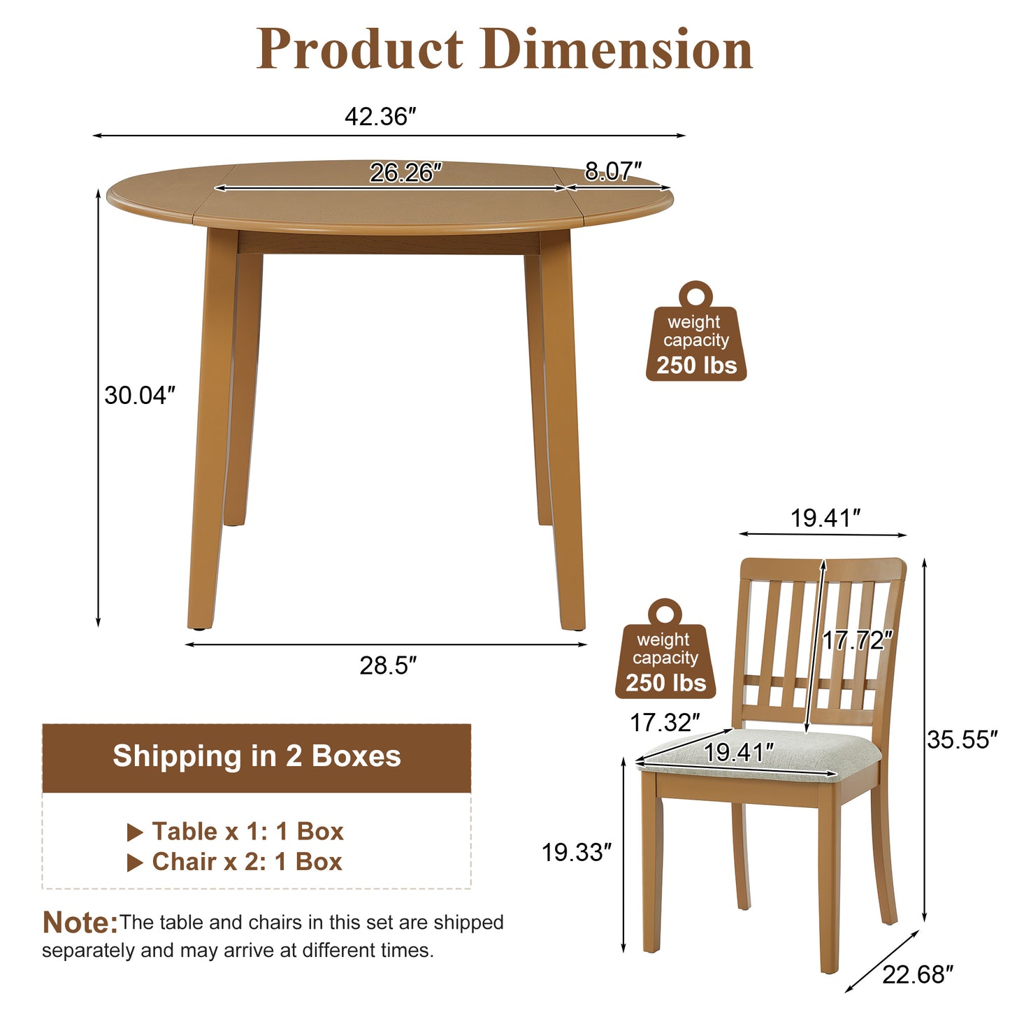 3-Piece Round Dining Table Set For 2 People, 1 Folding Wood