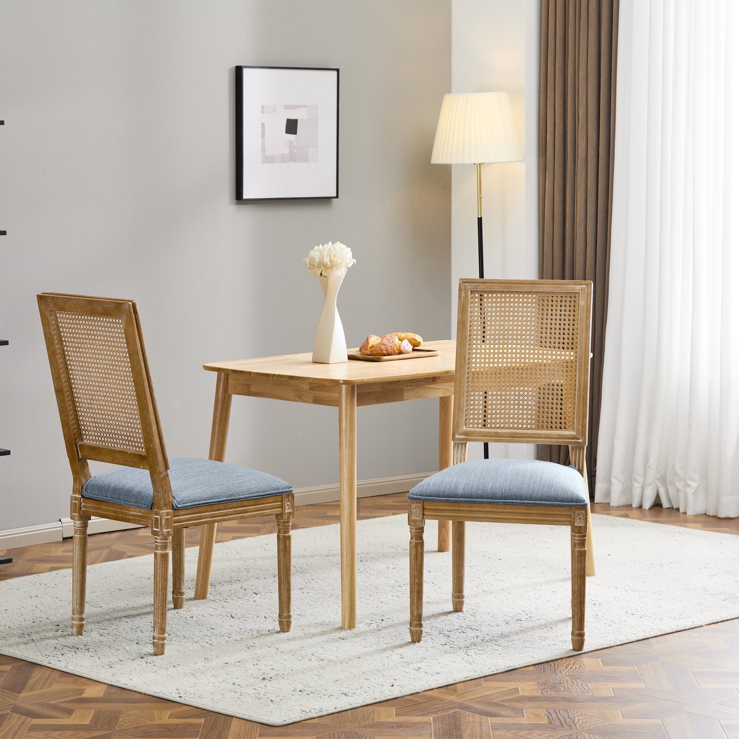 French Country Dining Chairs - Elegant Cane Backrest & Upholstered