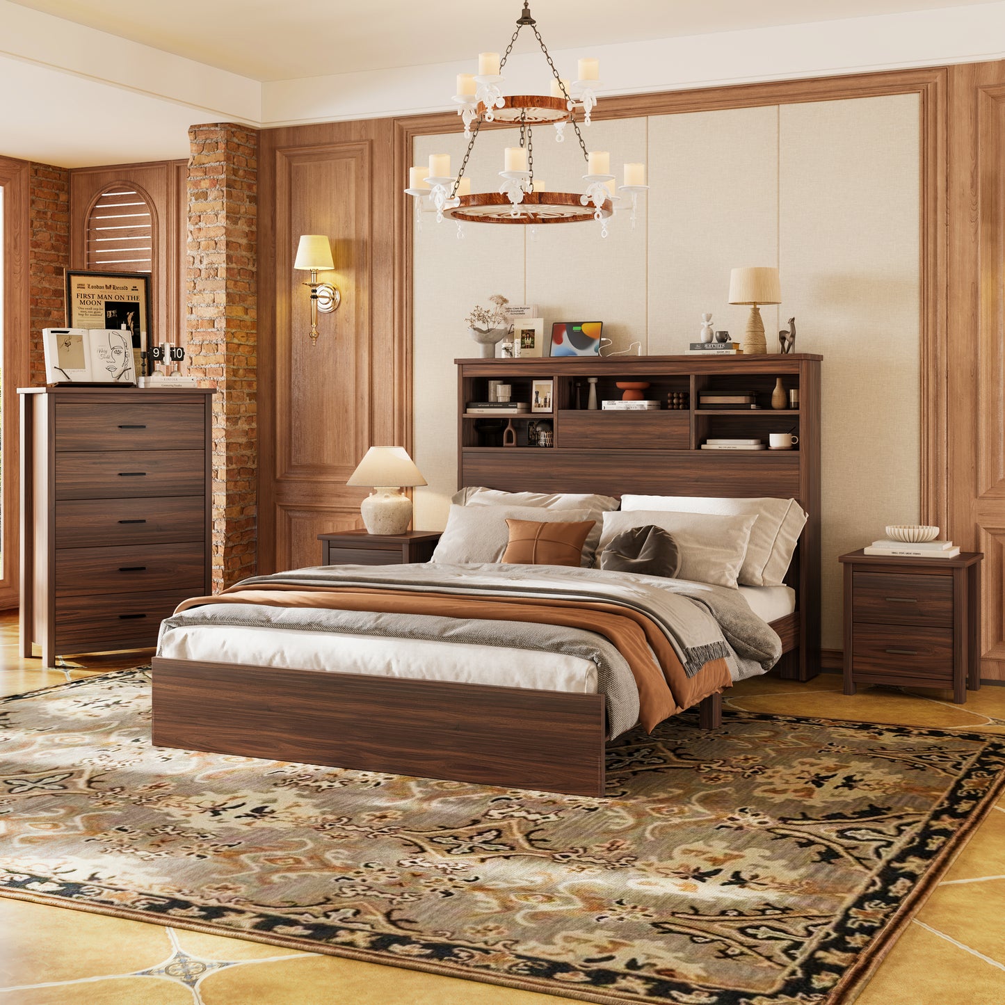 4PCS Bedroom Sets, Wooden Queen Size Bed Frame With Storage Headboard