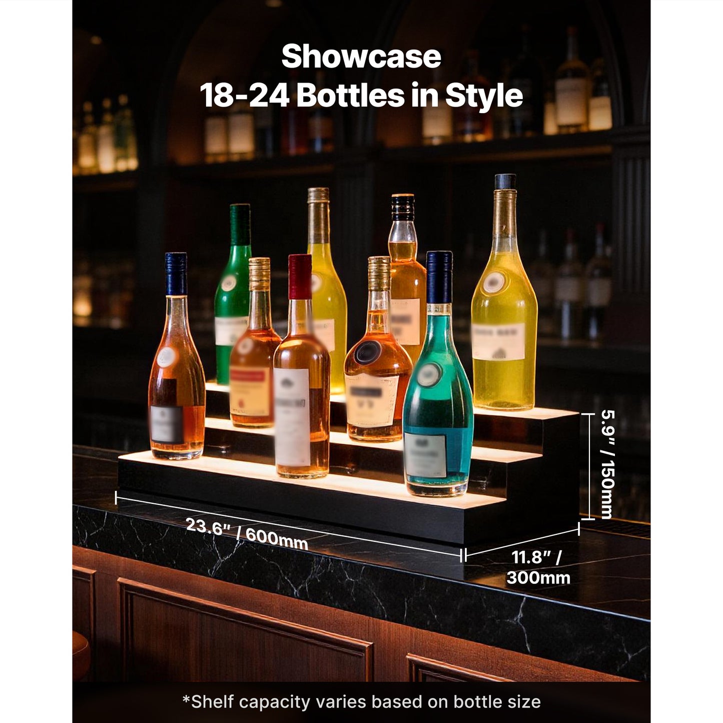LED Liquor Bottle Display with Remote Control - 3 Tiers, Acrylic Lighted Bar Shelf