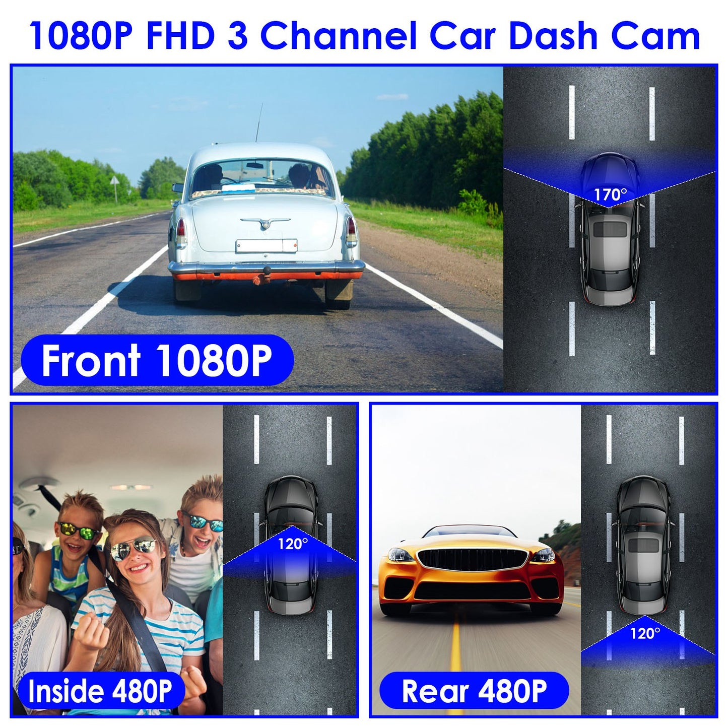 1080P FHD 3-Channel WiFi Dash Cam with Night Vision & Motion Detection
