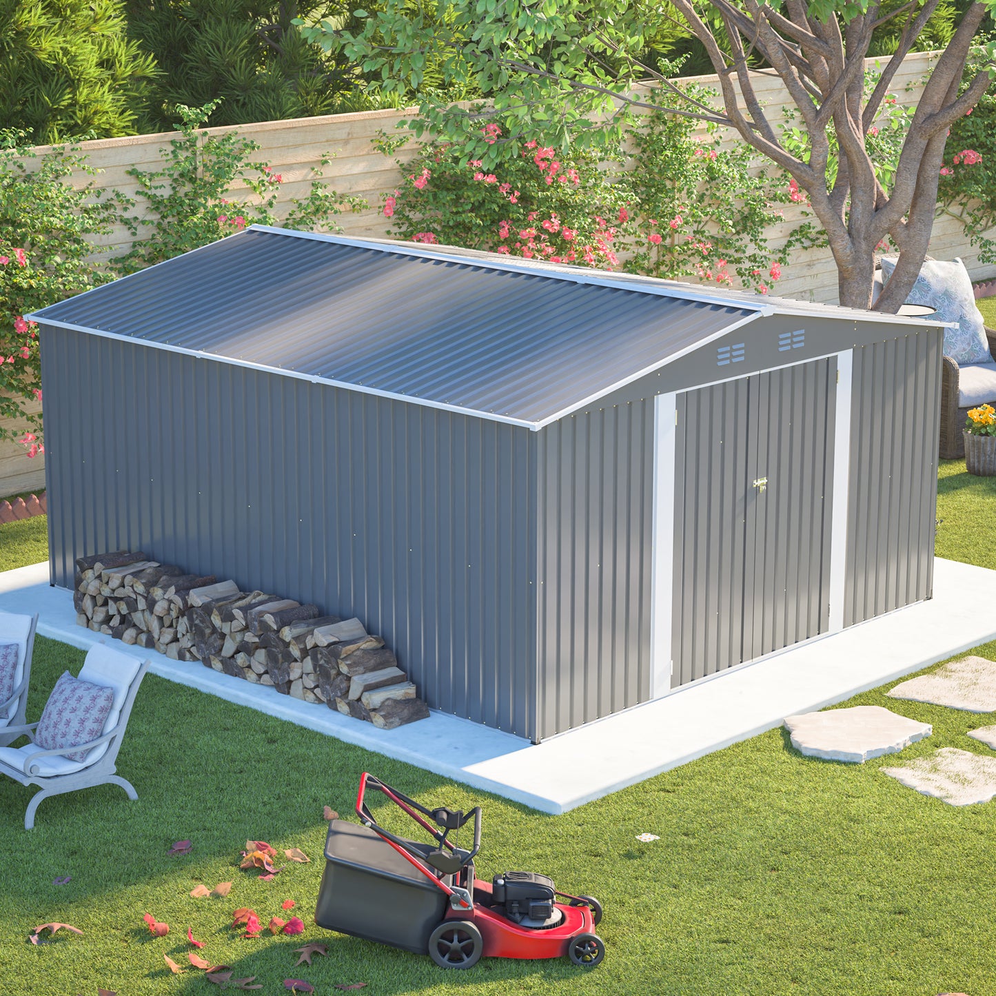 12x14 ft Outdoor Metal Storage Shed - Waterproof Garden Tool Shed