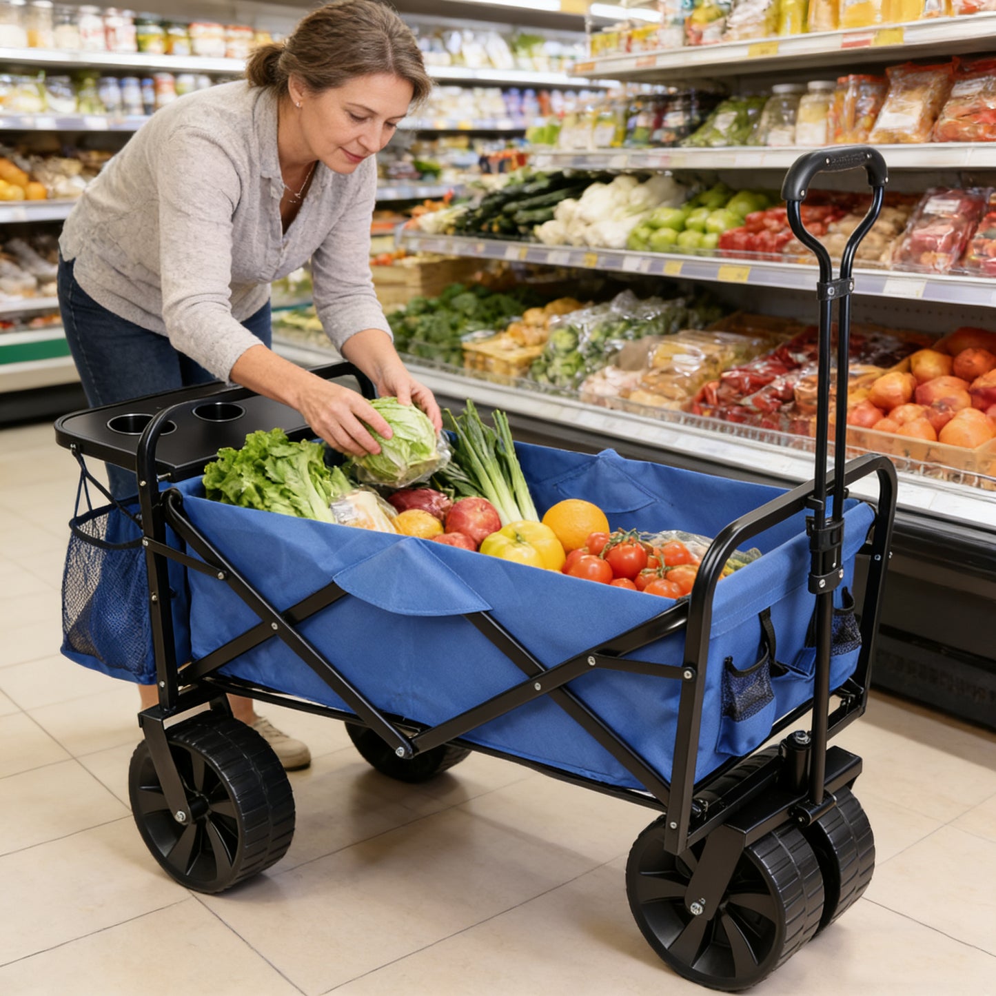 Folding Wagon Garden Shopping Beach Cart Blue