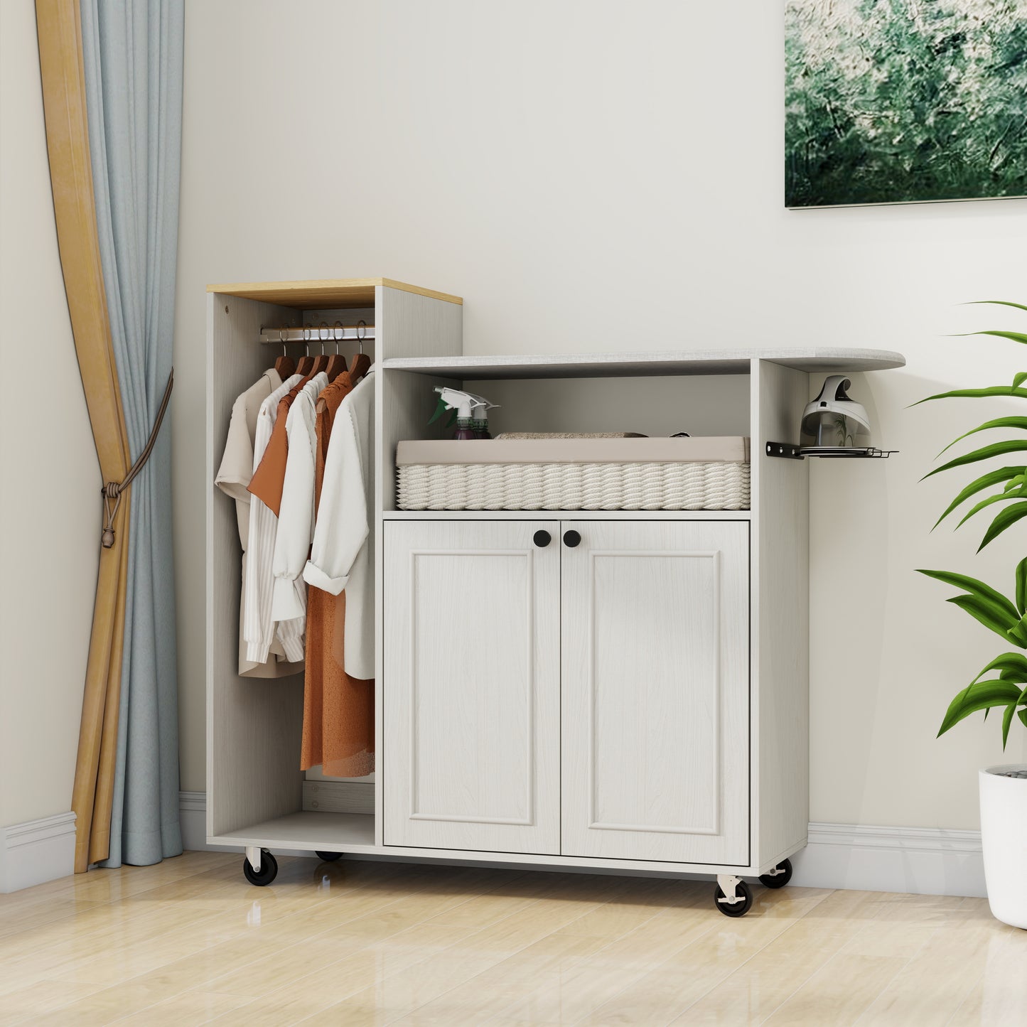 Ironing Cart with Rolling Board - Compact Storage Solution, Antique White