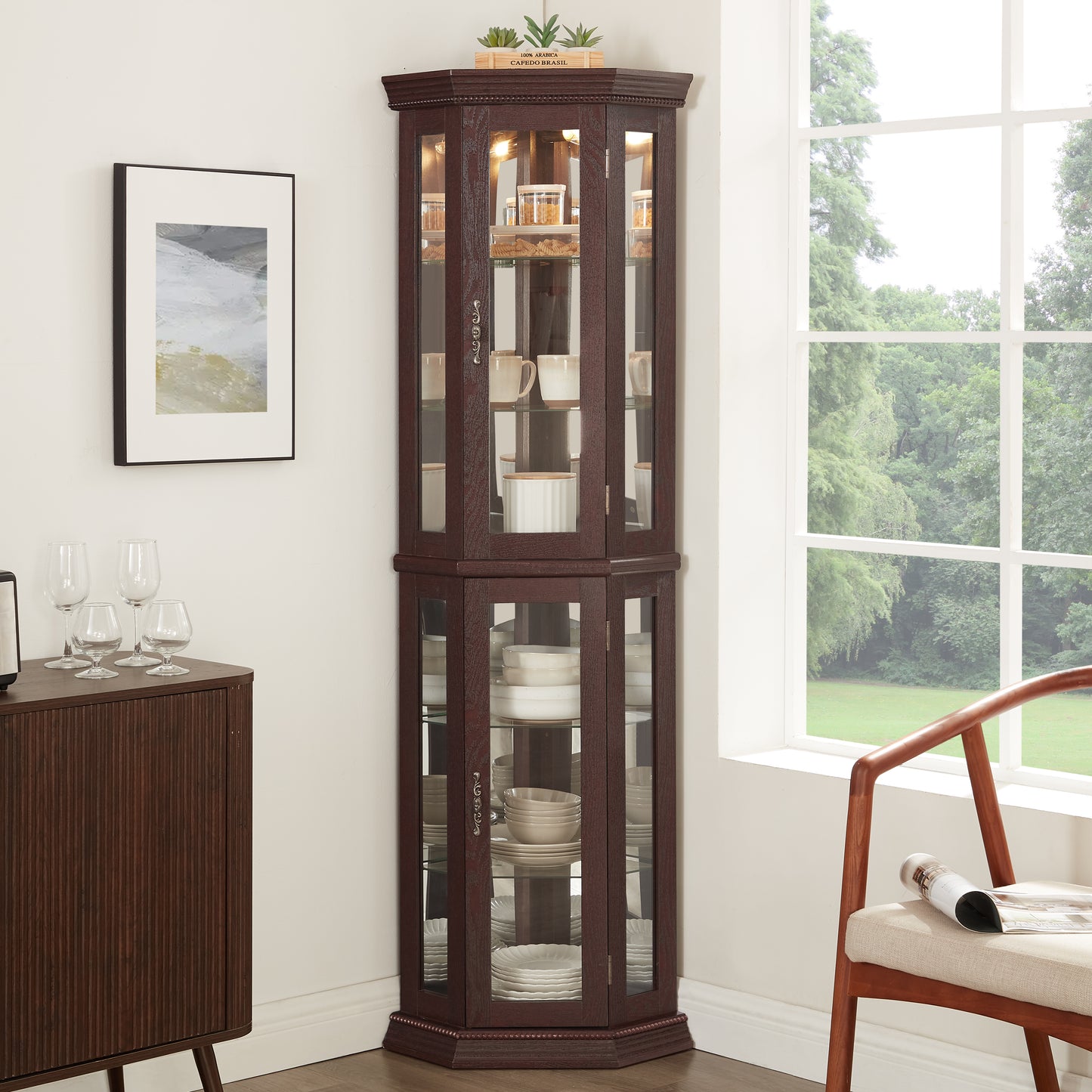 Glass Cabinet Lighted Corner Display Curio Cabinet, With Light