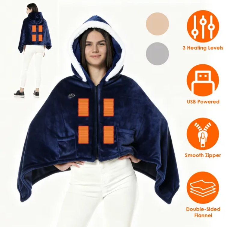 Wearable Heated Throw Blanket - Portable Double-Sided Flannel