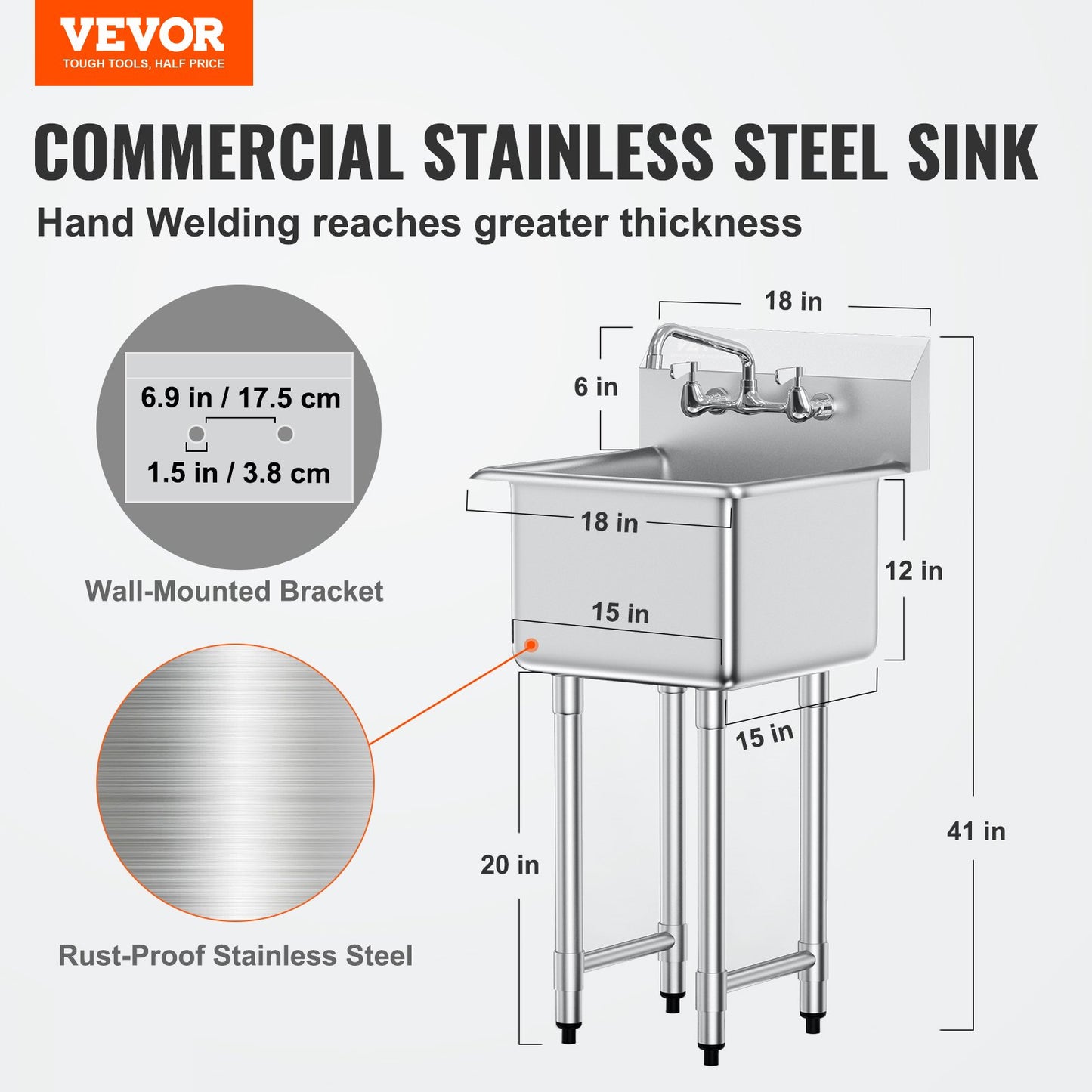 Commercial Stainless Steel Utility Sink with Faucet & Legs - 18"x41"