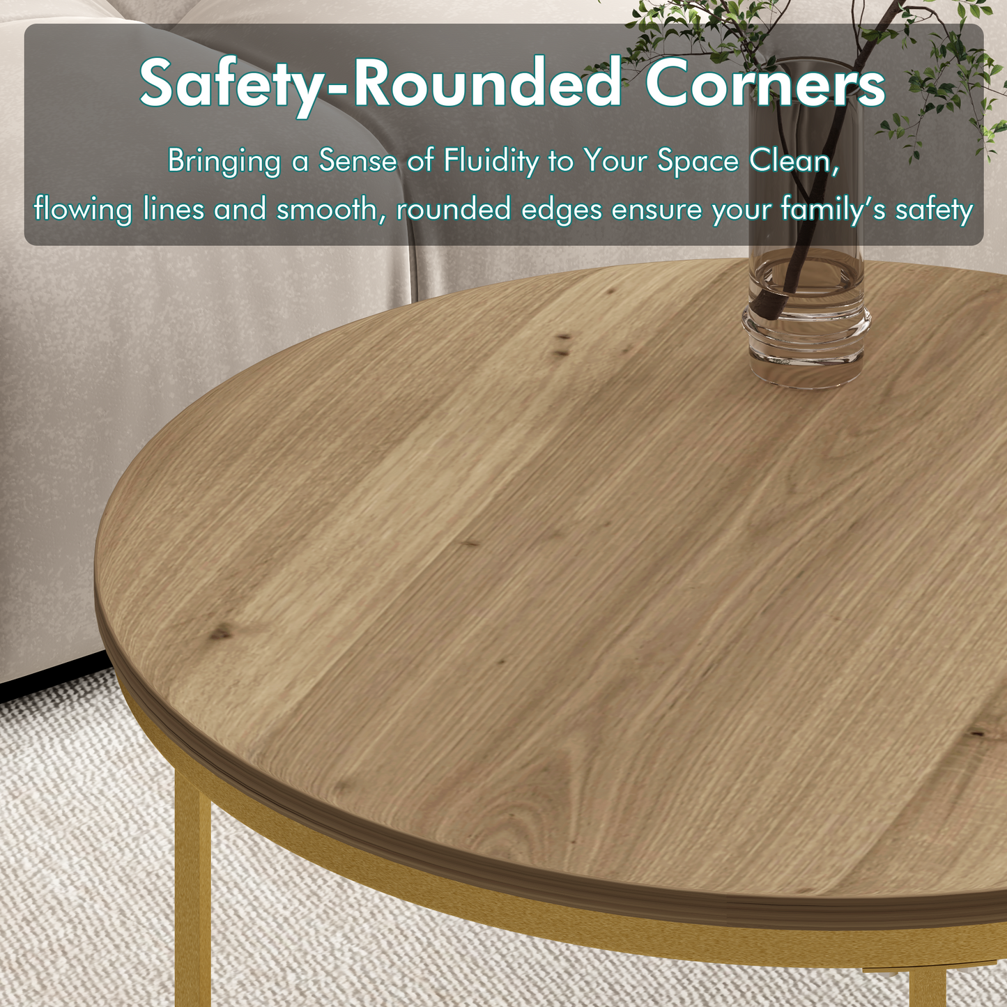 Nesting Coffee Table Set of 2 - Round Wood & Metal - Brown+Gold