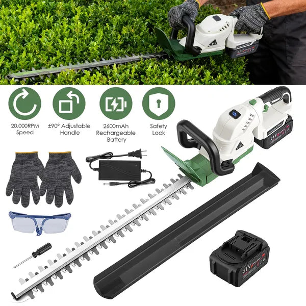20'' Cordless Hedge Trimmer with Dual-Action Blades, 21V Battery, Adjustable Handle
