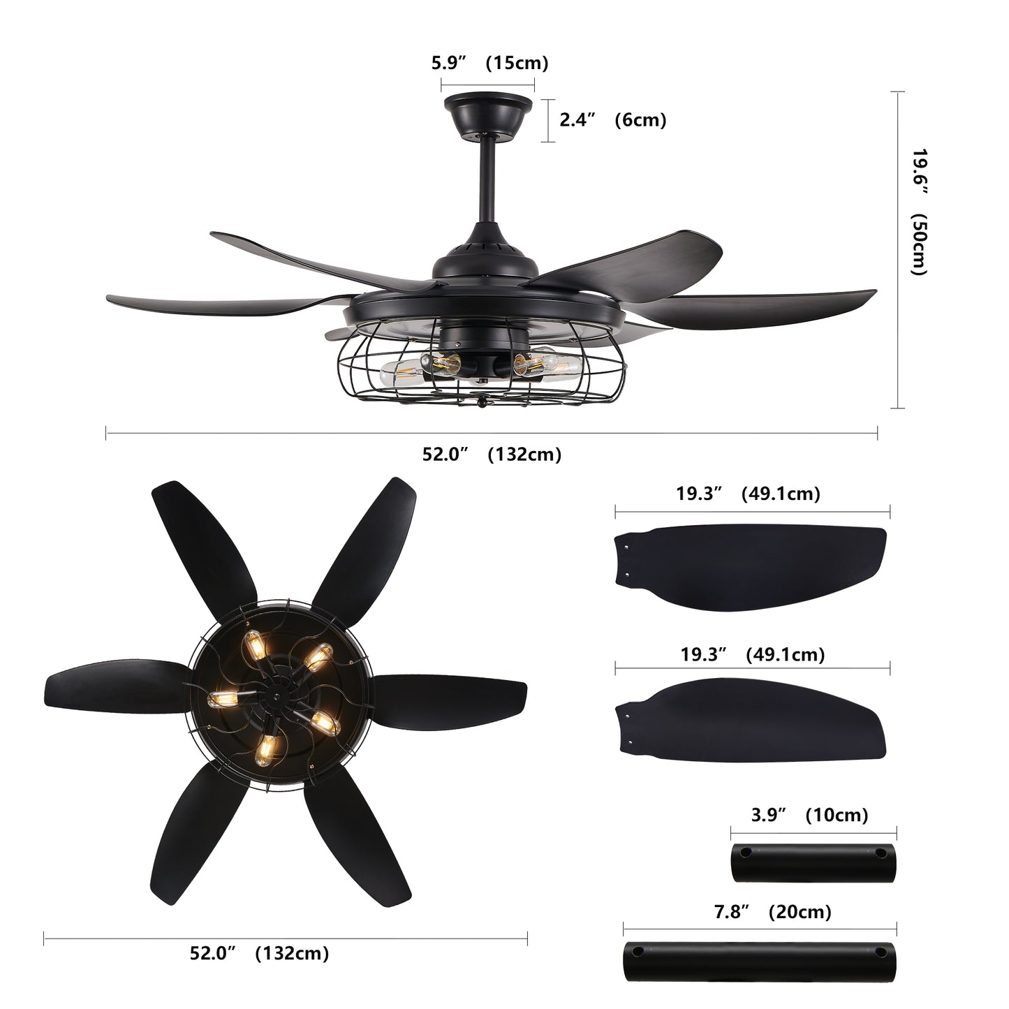 Modern Black Ceiling Fan with Light - 6 Blades, Industrial Design