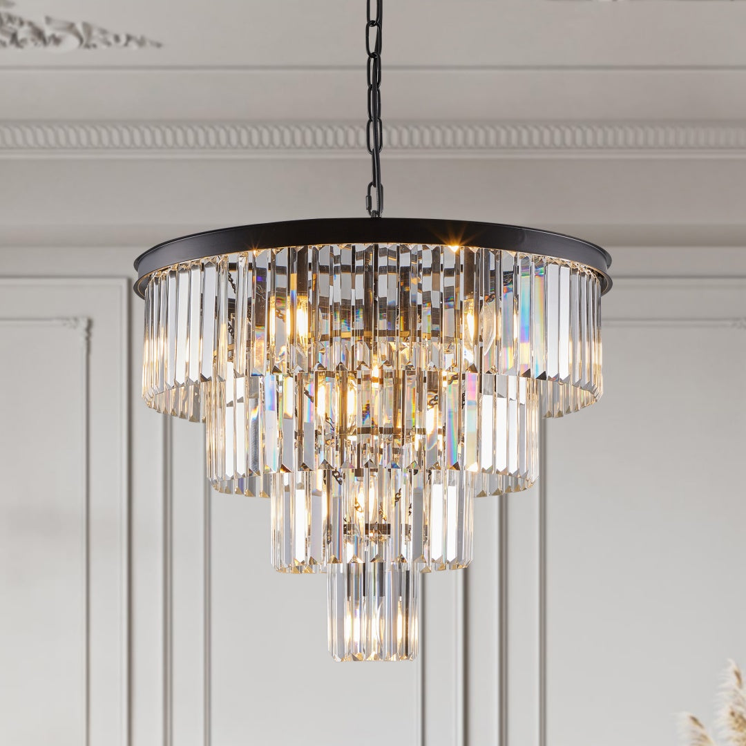 Elegant Black Crystal Chandelier - 4 Tier Modern Lighting Fixture