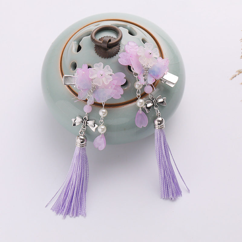 Colorful Floral Hairpin Clip Pair with Tassel