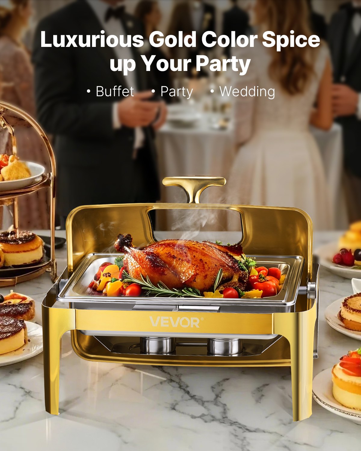 9Qt Stainless Steel Roll Top Chafing Dish Set - Gold Finish