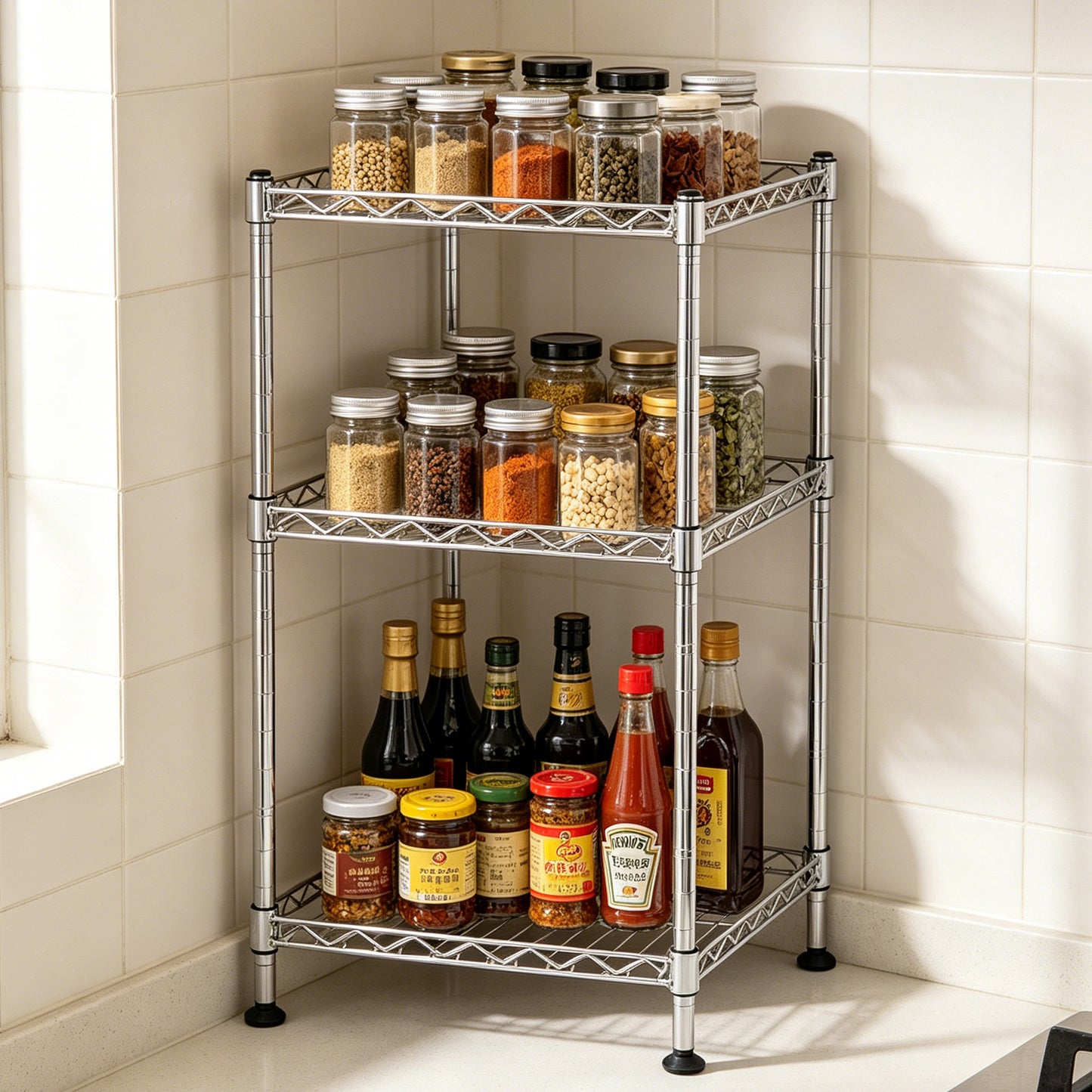 3-Tier Metal Wire Shelving Rack - Storage Unit for Bathroom, Kitchen, Laundry