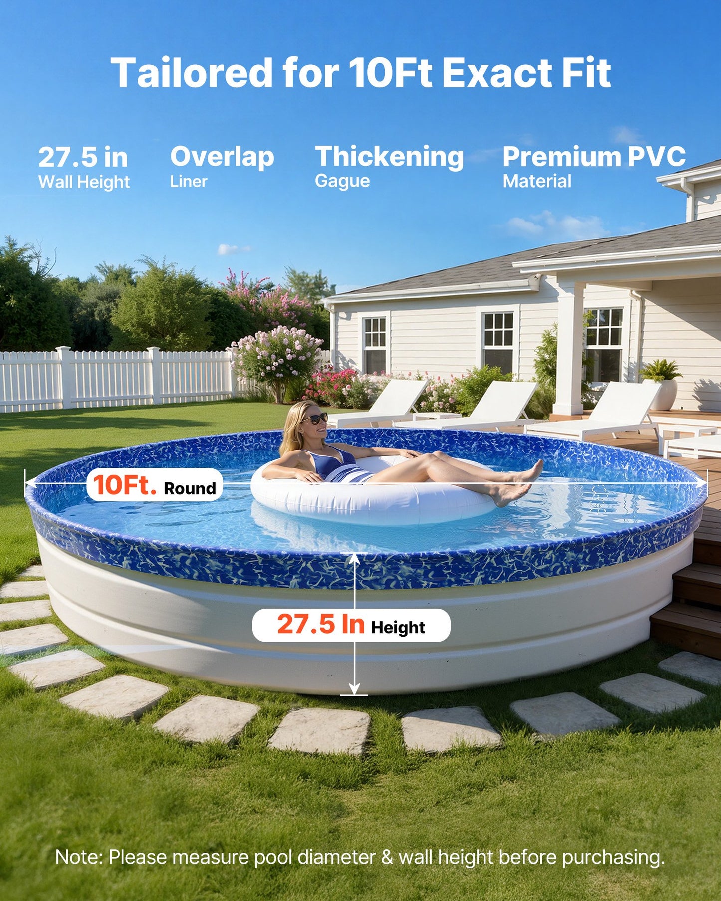 10ft Round Above-Ground Pool Liner - Heavy Gauge Vinyl, Easy Install, Leak-Proof Patches