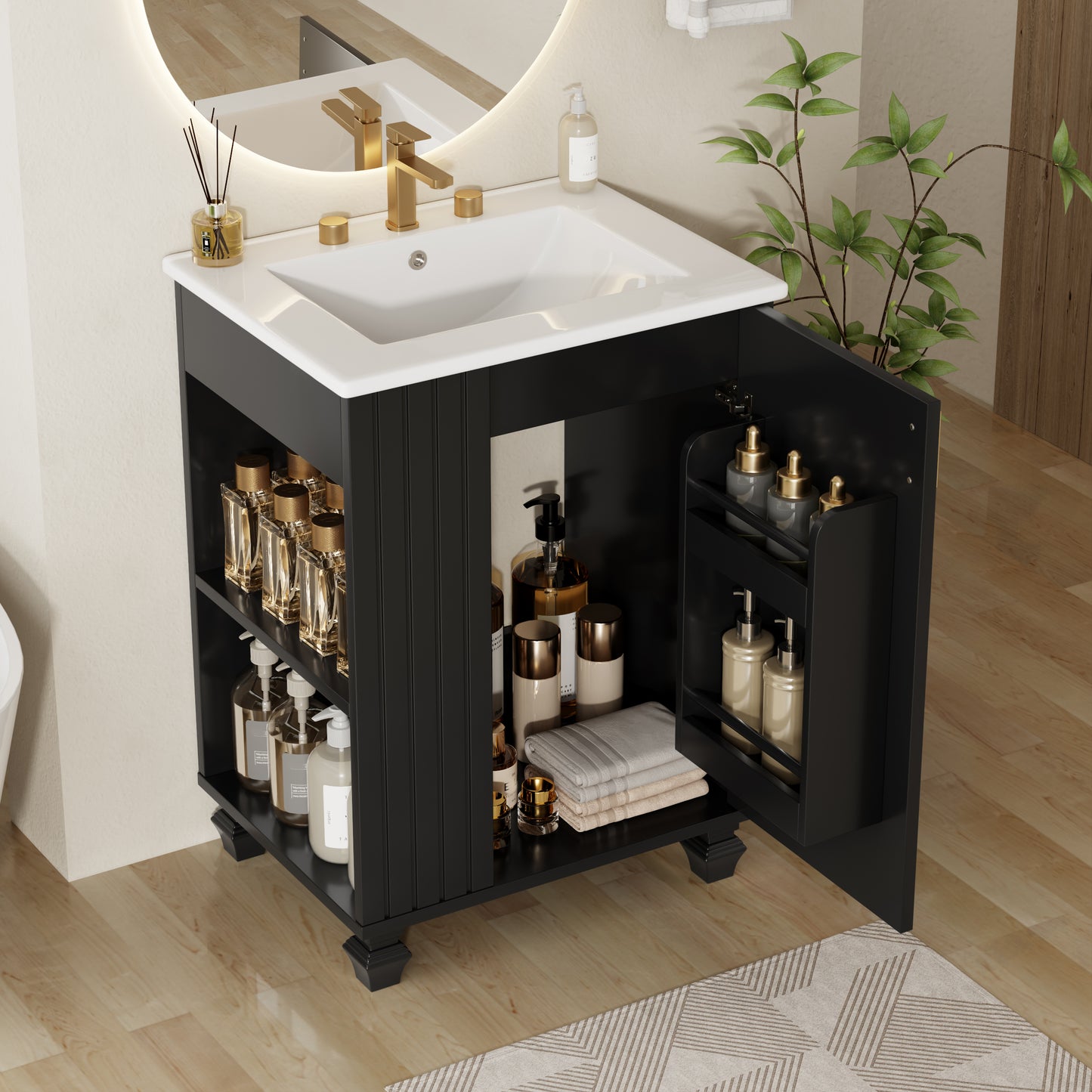 24" Bathroom Vanity with Sink - Solid Wood, Soft Closing Door, Black