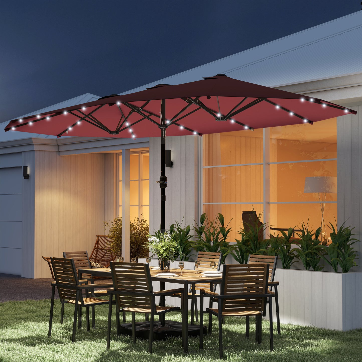 14.4ft Double-Sided Garden Parasol with LED Solar Lights - Wine Red