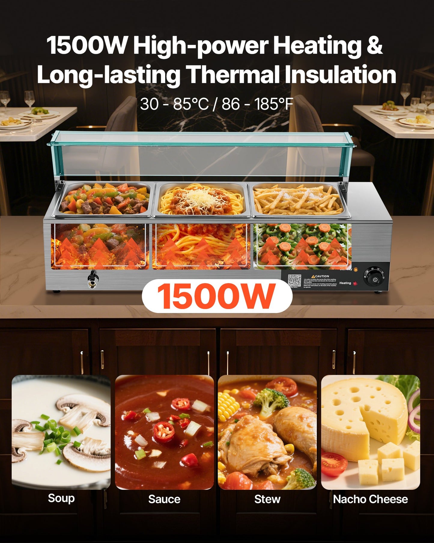 Commercial Food Warmer 3-Pan Buffet Bain Marie 1500W with Glass Cover - Silver