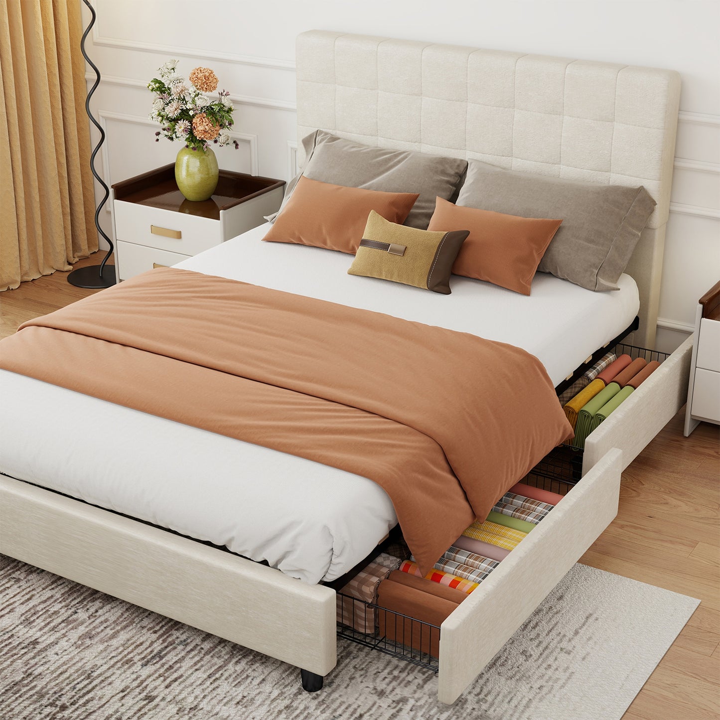 Bed Frame Upholstered Vertical Channel Headboard With 4 Storage
