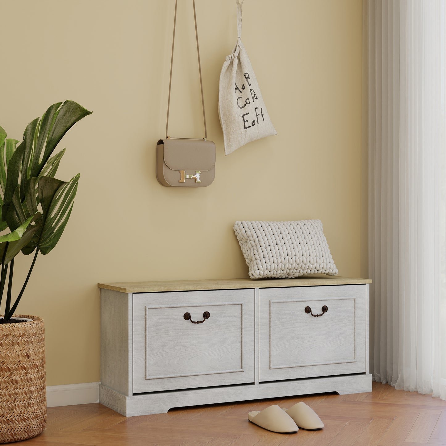Shoe Storage Bench with 2 Flip Drawers & Adjustable Shelf - Antique White