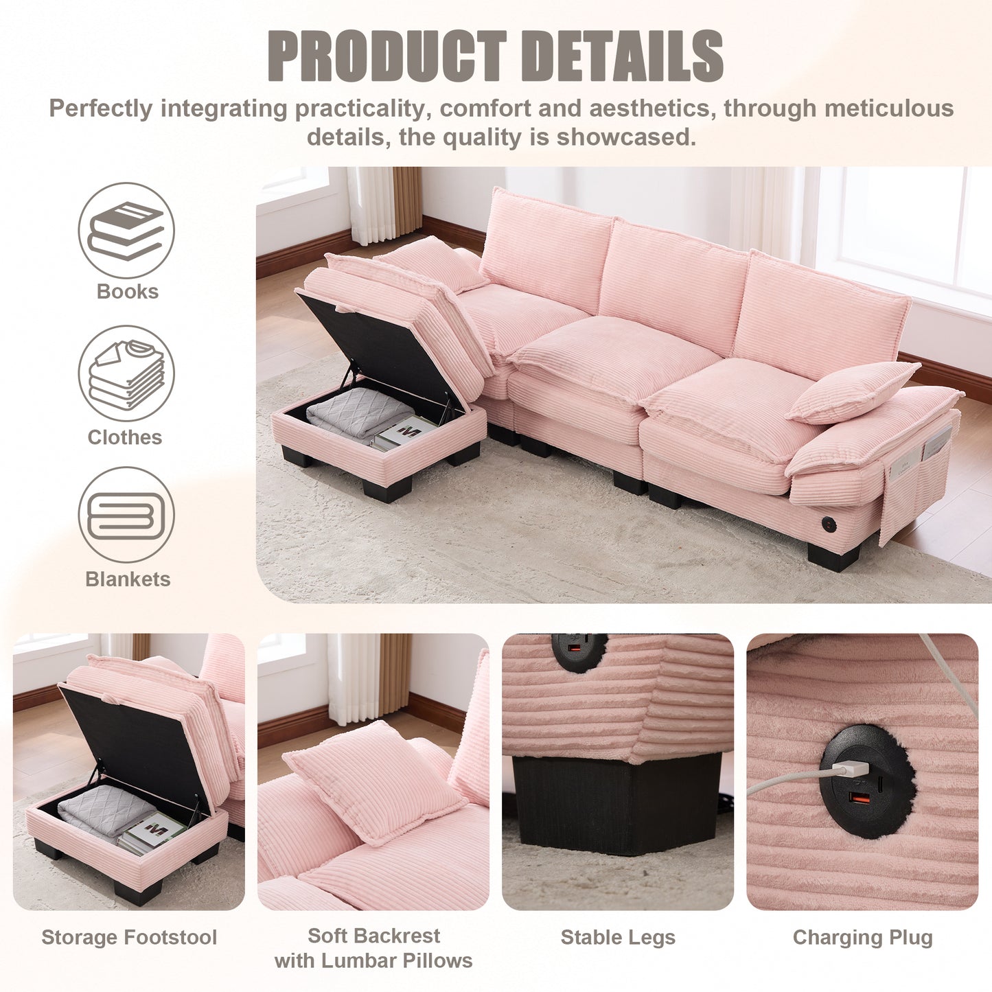 Modular Cloud Sofa - Comfy Corduroy Sectional in Pink