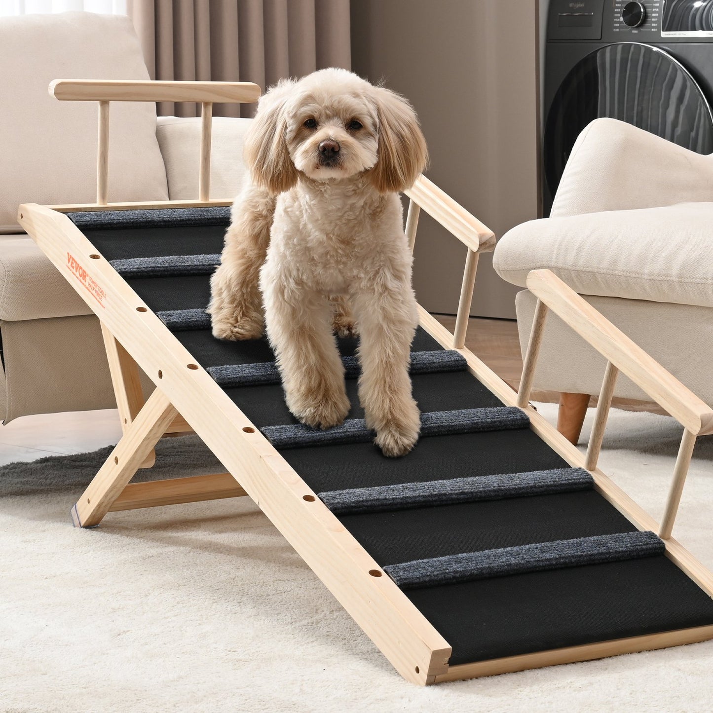 Adjustable Wooden Dog Ramp for Bed Couch Car - Non-Slip Pet Steps