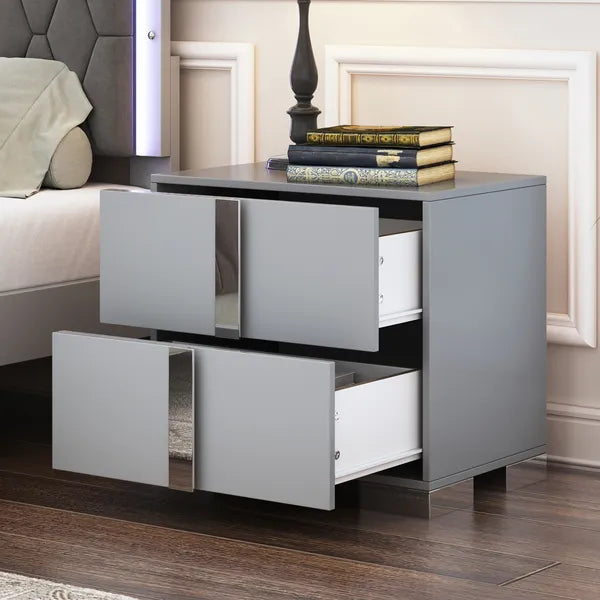 Elegant Gray Nightstand with 2 Drawers and Metal Feet