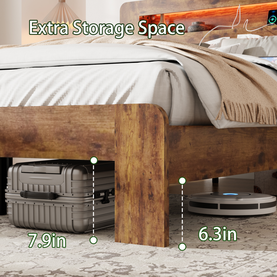 King Wood Bed Frame with LED Headboard, USB Ports & Storage
