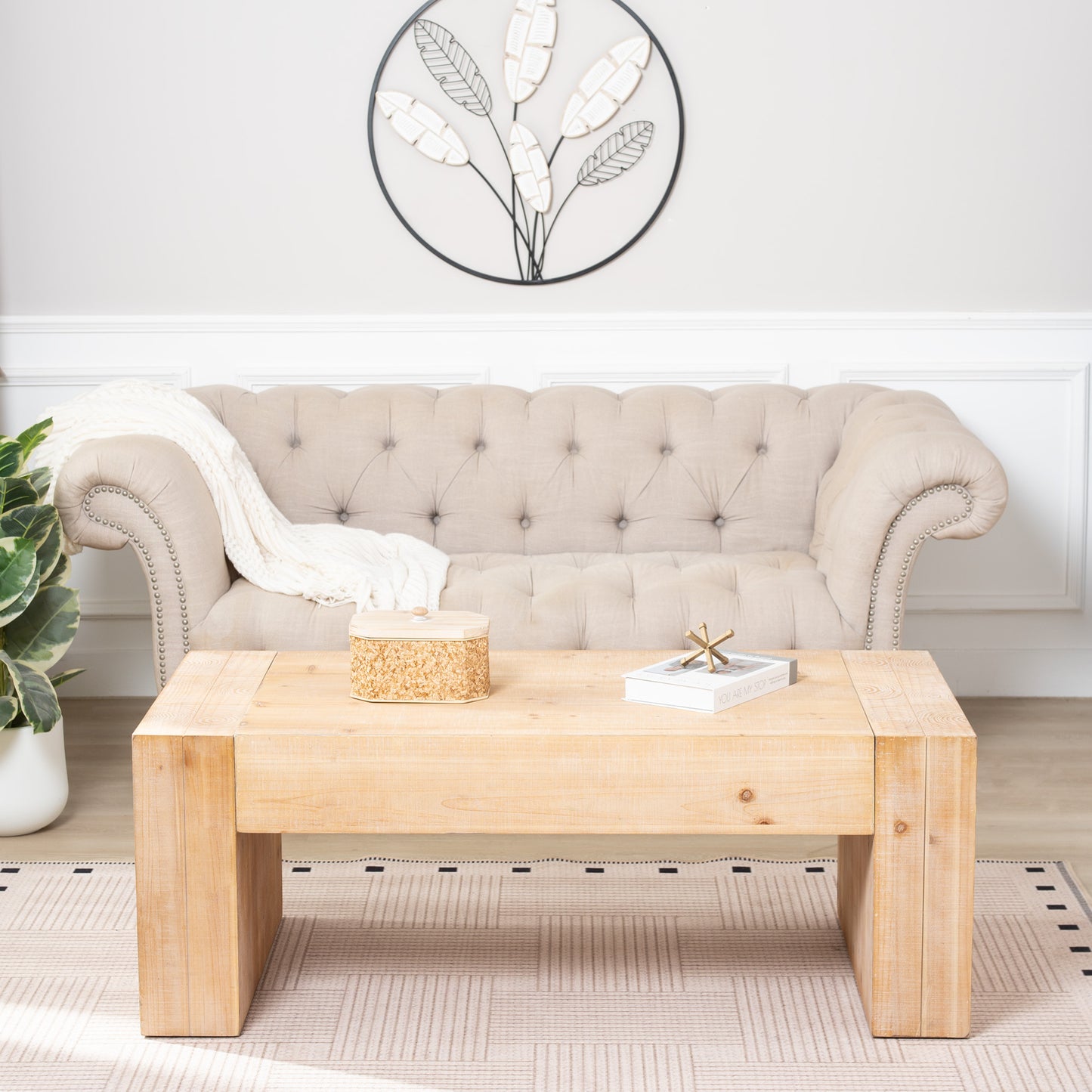 49" Rustic Wood Coffee Table - Engineered Wood with Whitewashed Finish