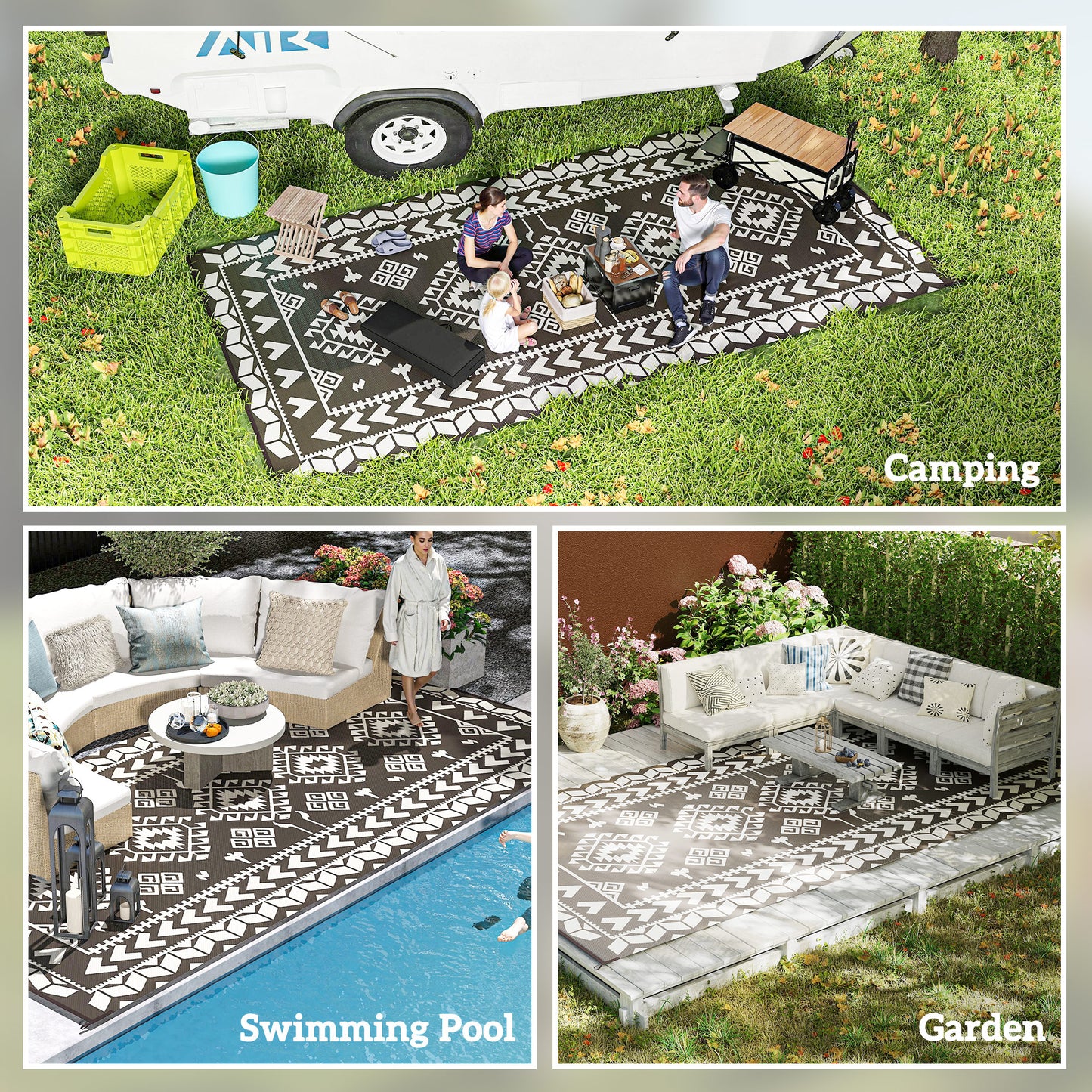 Reversible Waterproof Outdoor Rug - Black & White Rhombus 9' x 18'
