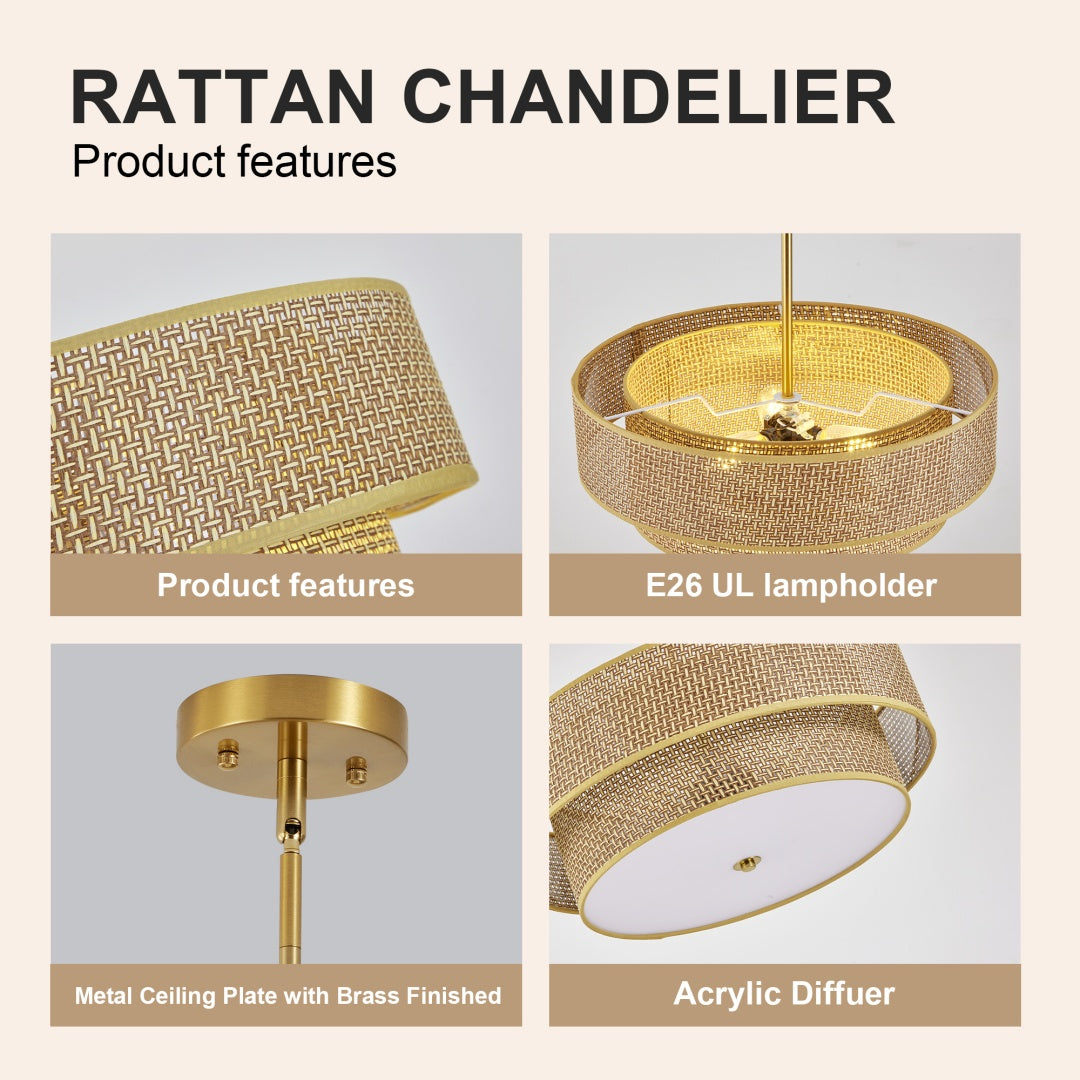 Woven Rattan & Linen Ceiling Light Fixture - Semi Flush Mount for Bedrooms & Kitchen