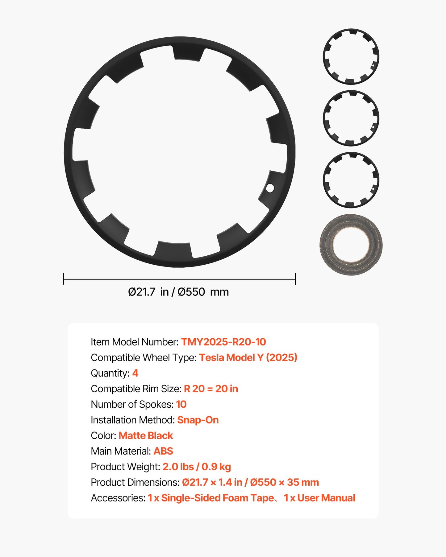 20 Inch Car Wheel Hubcaps for Tesla Model Y 2025 - Set of 4 Matte Black Replacement Rim Covers