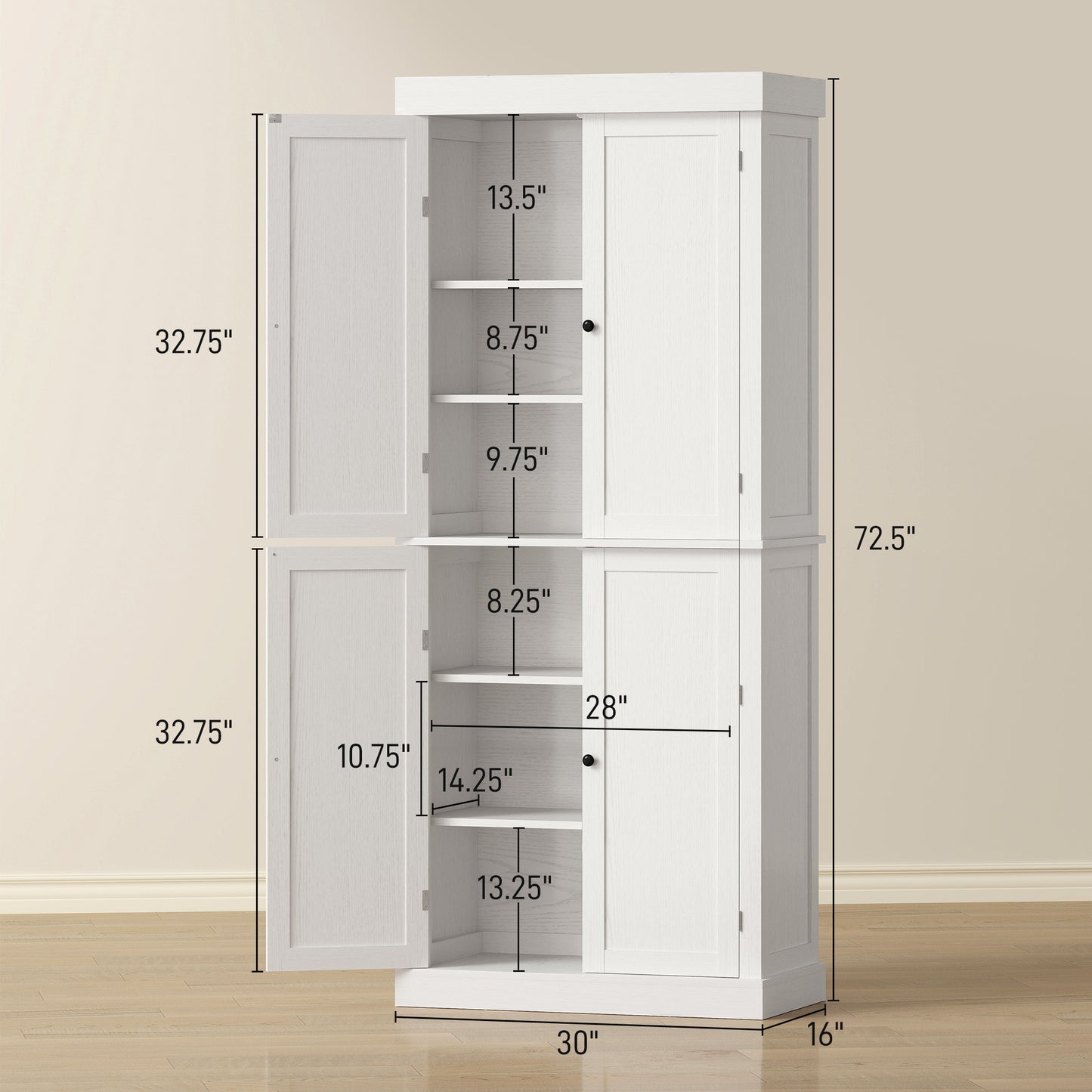 72" Freestanding Kitchen Storage Cabinet with Doors & Shelves - White Wood Grain