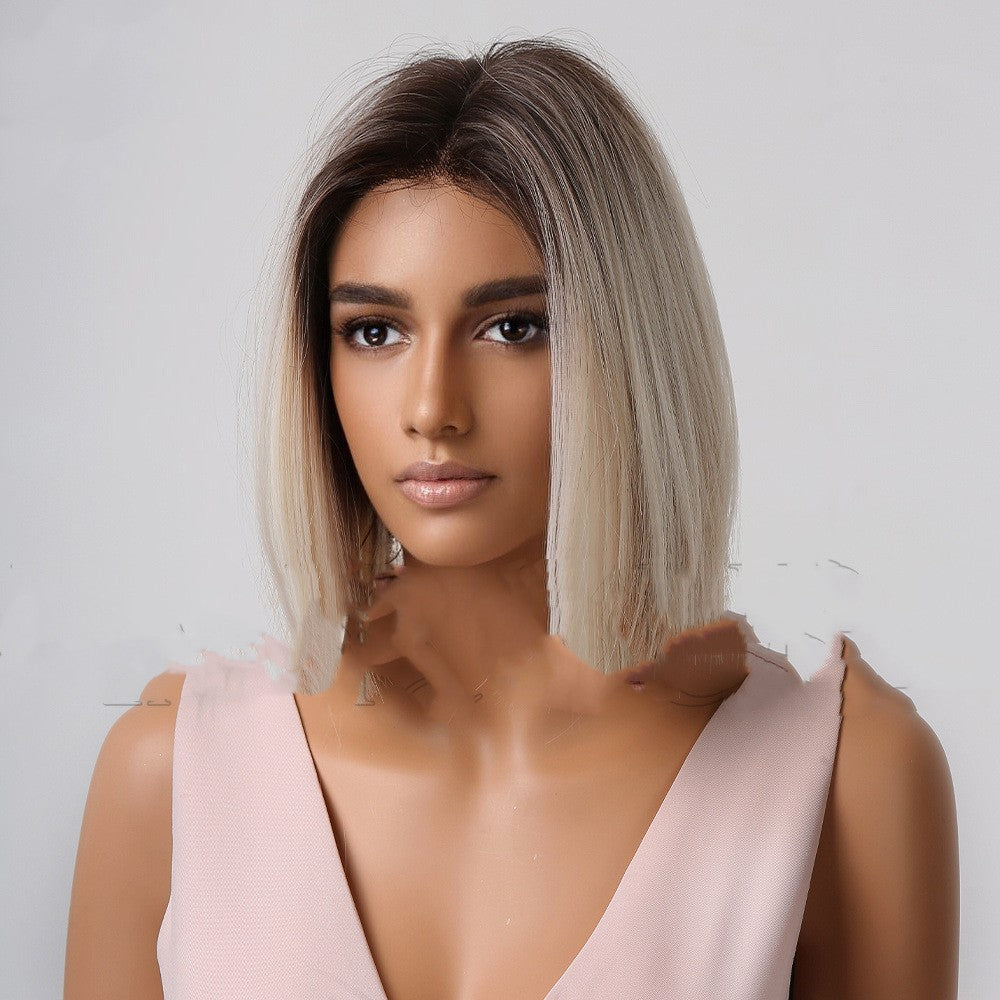Medium Gradient White Synthetic Wig with Straight Short Hair - 14 Inch, Unisex