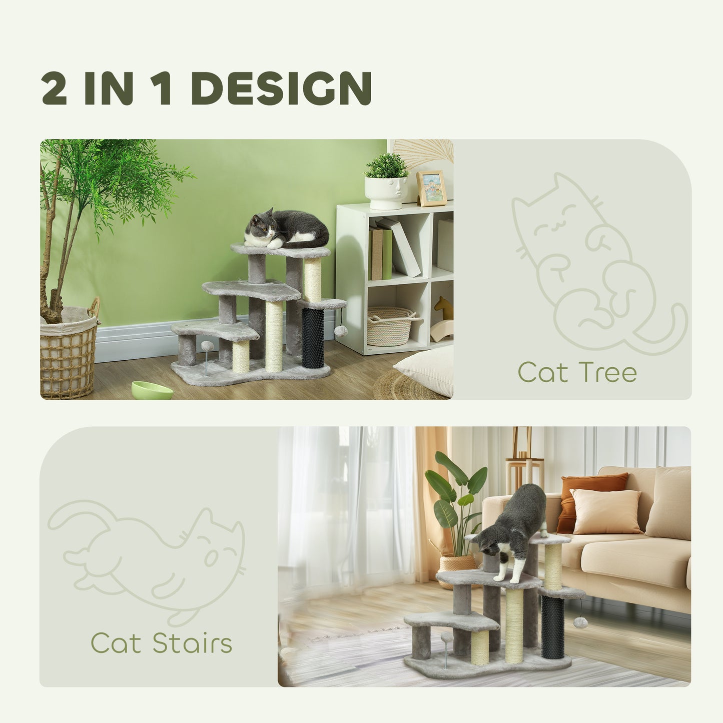 2-in-1 Cat Tree Tower with Scratching Posts and Toy Balls - Light Gray