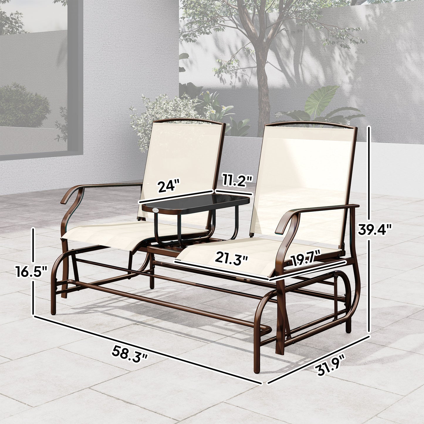 Two-Person Outdoor Glider Bench with Center Table - Beige