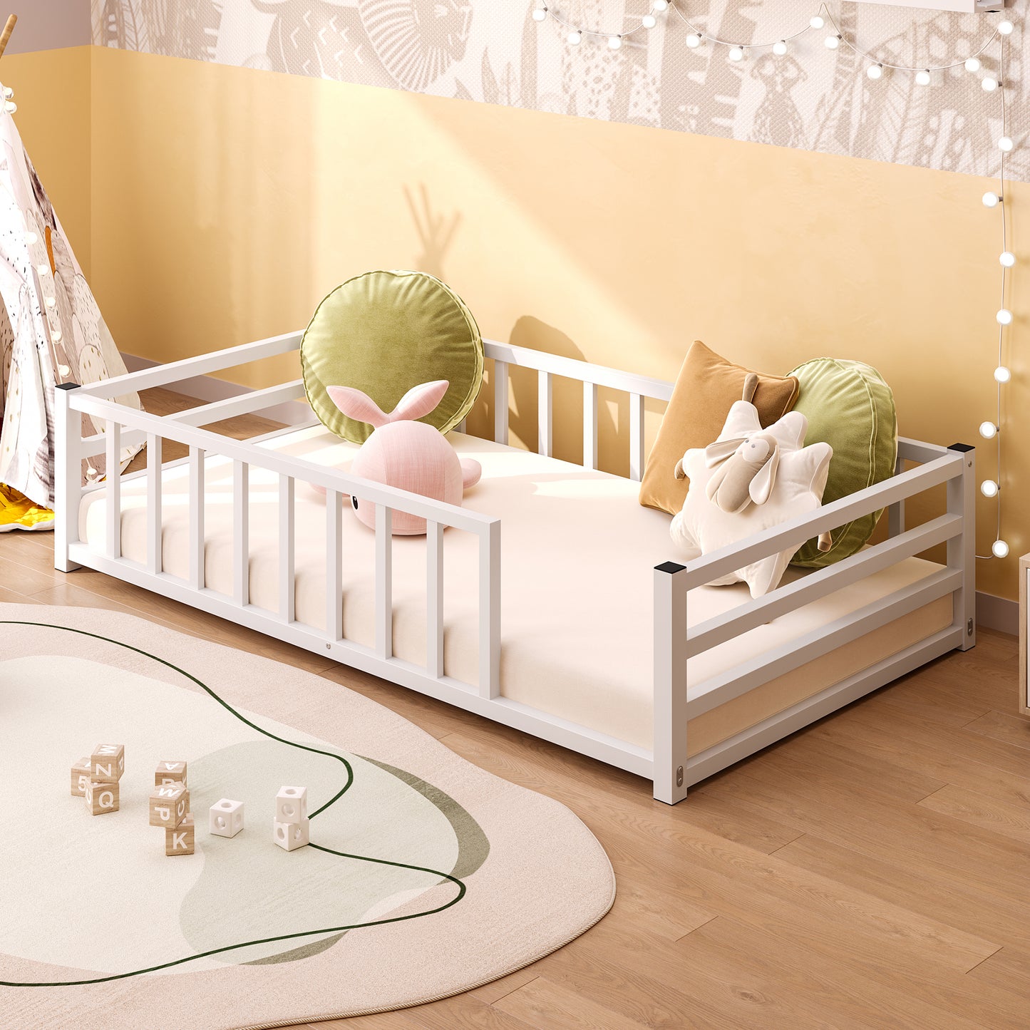 Twin Size Low Profile Metal Bed Frame with Guardrails - White