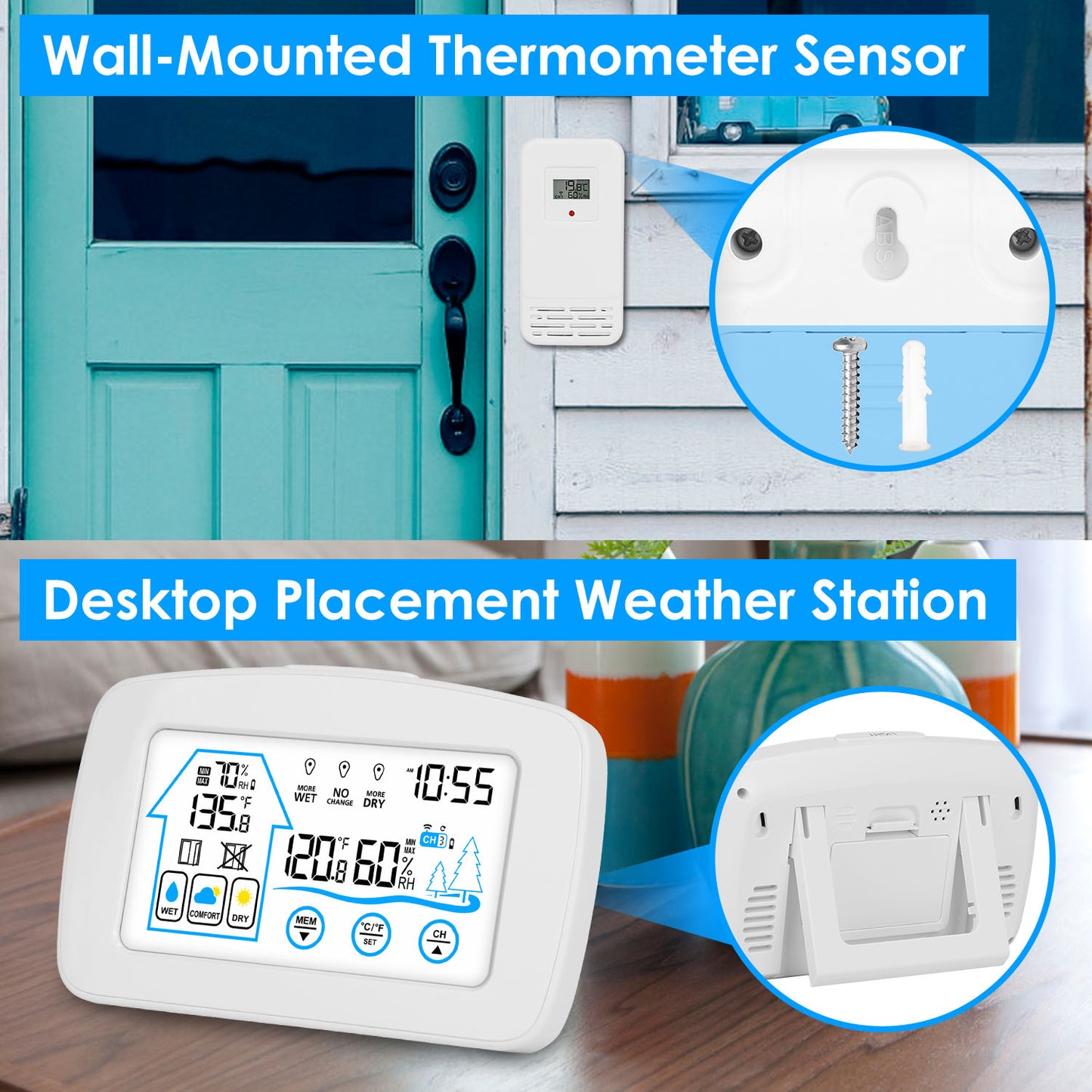 Wireless Indoor Outdoor Weather Station with Clock & Sensor - White
