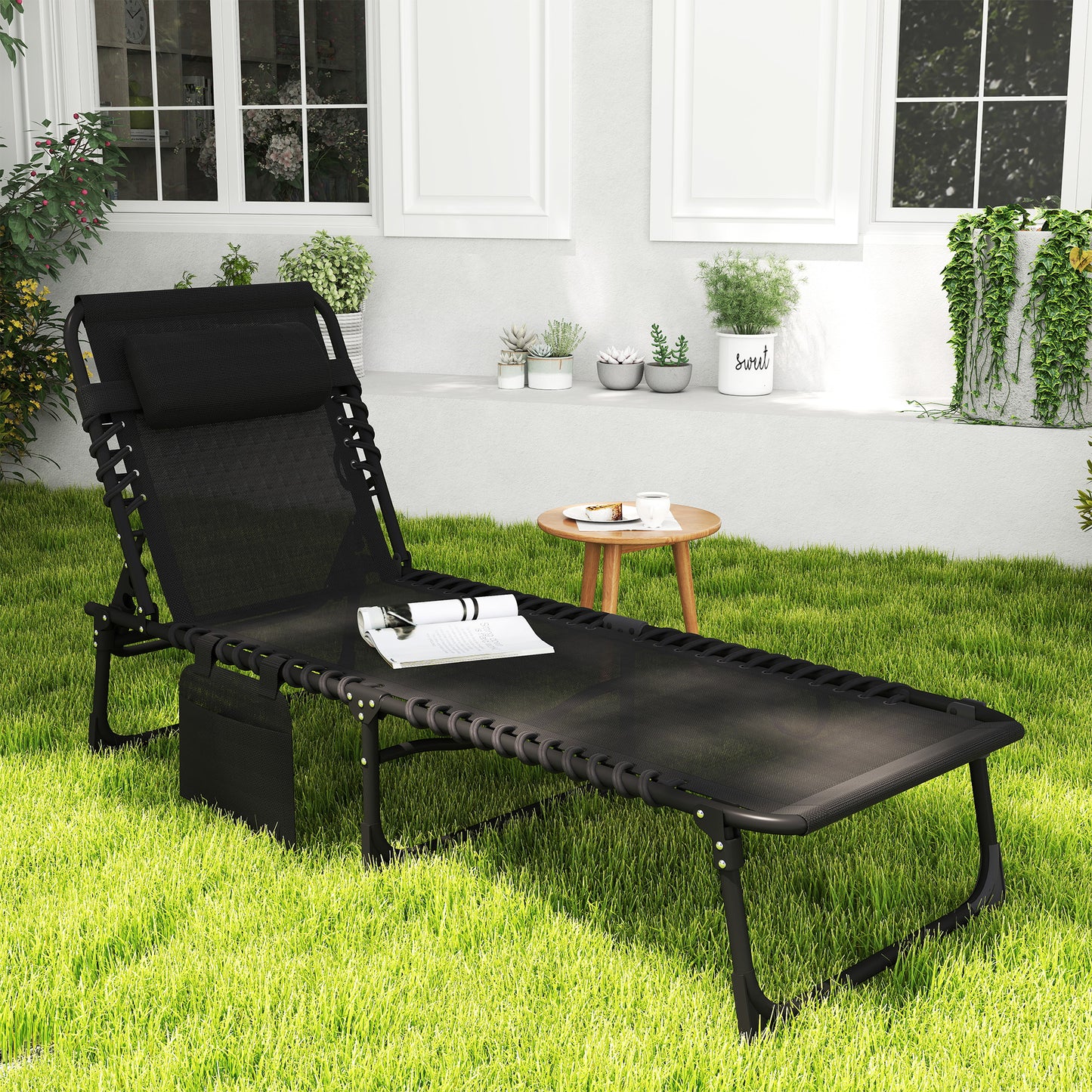 Portable Reclining Lounge Chair with Adjustable Backrest - Black